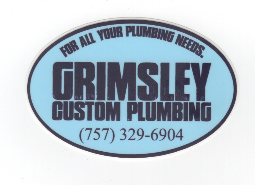 Blue oval Grimsley Custom Plumbing logo with phone number (757) 329-6904