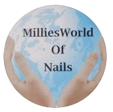 Circular logo with text “MilliesWorld Of Nails” over pastel blue hands and nail polish design