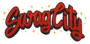 “Swag City” in bold red script with a black outline and yellow sparkles on a white background