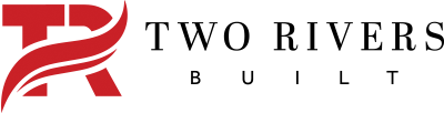 Two Rivers Built logo with red stylized R and black text on white background