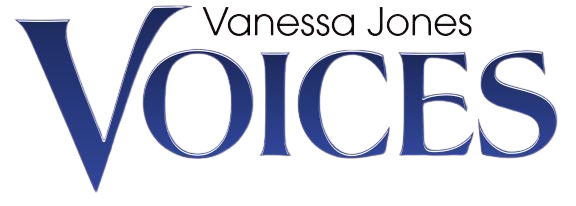 Vanessa Jones Voices logo in blue serif text on a white background