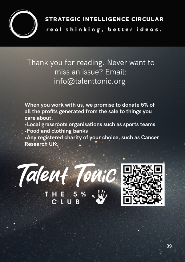 Black and white document with text: strategic intelligence circular, a thank you, donation info, SI&C logo and a QR code.