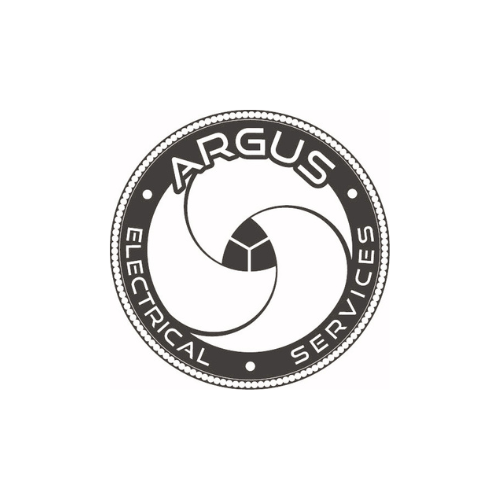 Logo for Argus Electrical Services, featuring a stylized swirl with central cube and text
