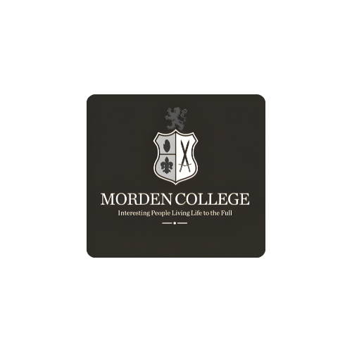 Logo of Morden College: Shield with lion, fleur-de-lis, and crossed swords on navy blue background.