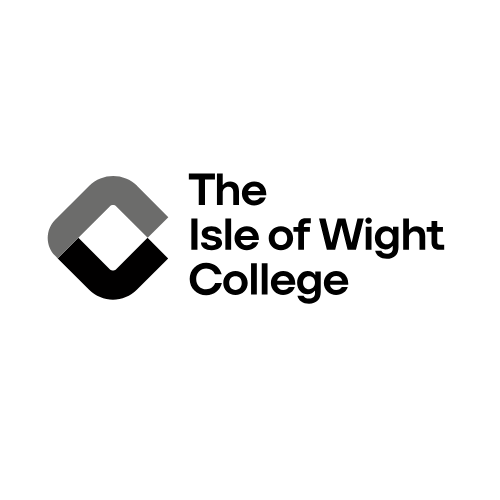 Logo for The Isle of Wight College featuring a grey and black diamond icon next to the text.