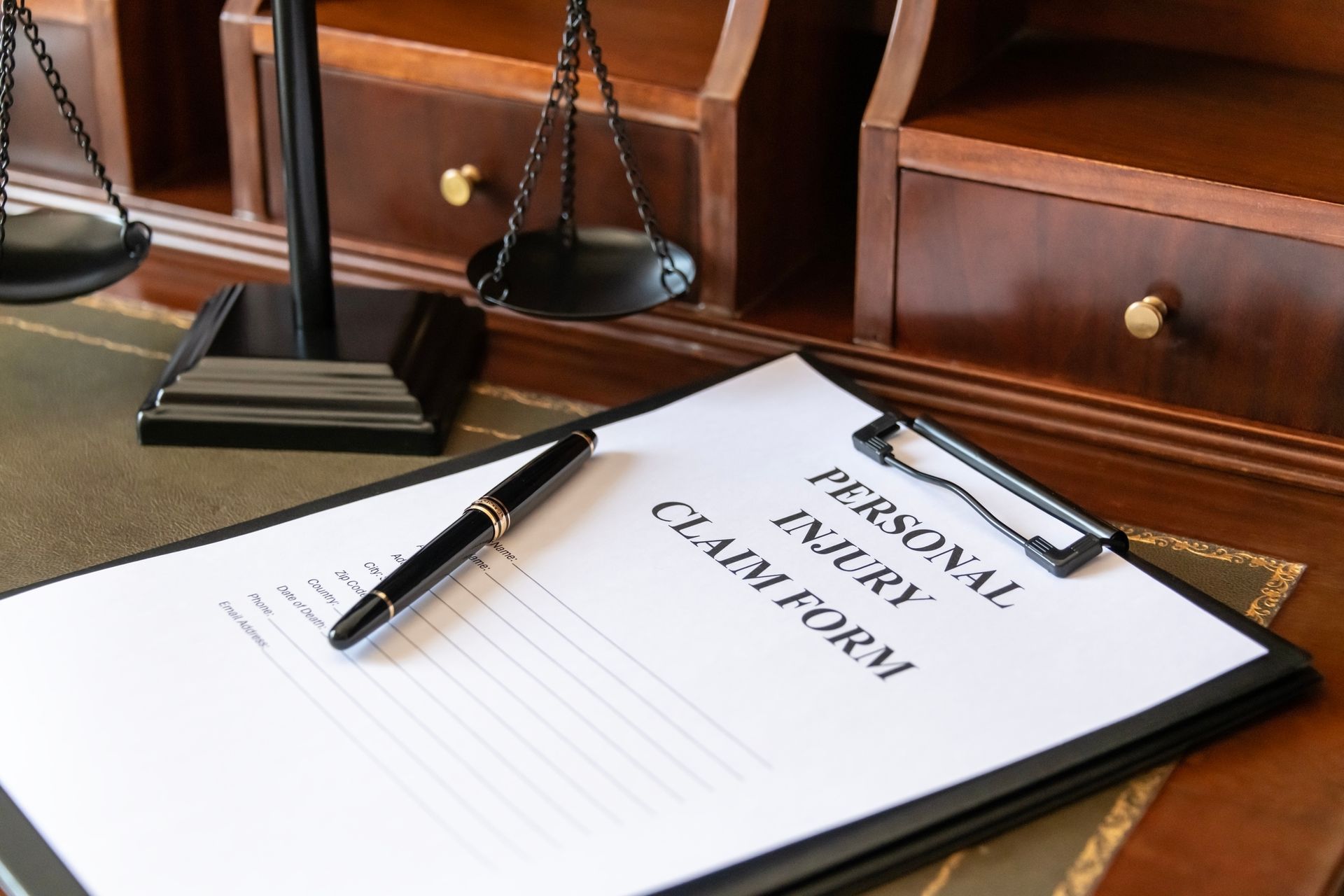 A personal injury claim form on a clipboard with a pen on a desk next to scales of justice.