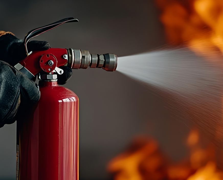 A person is spraying a fire extinguisher in front of a fire.