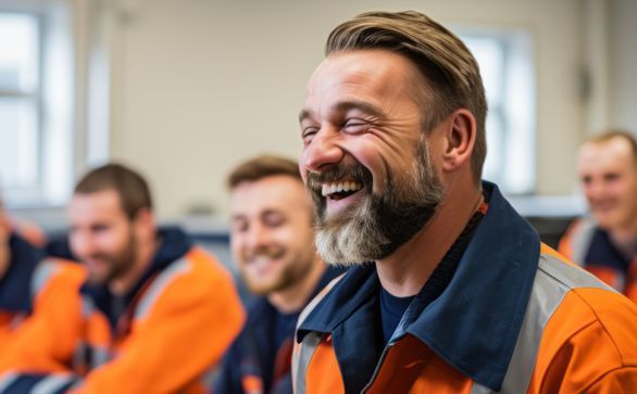 A man with a beard is smiling while sitting in a room with other men.