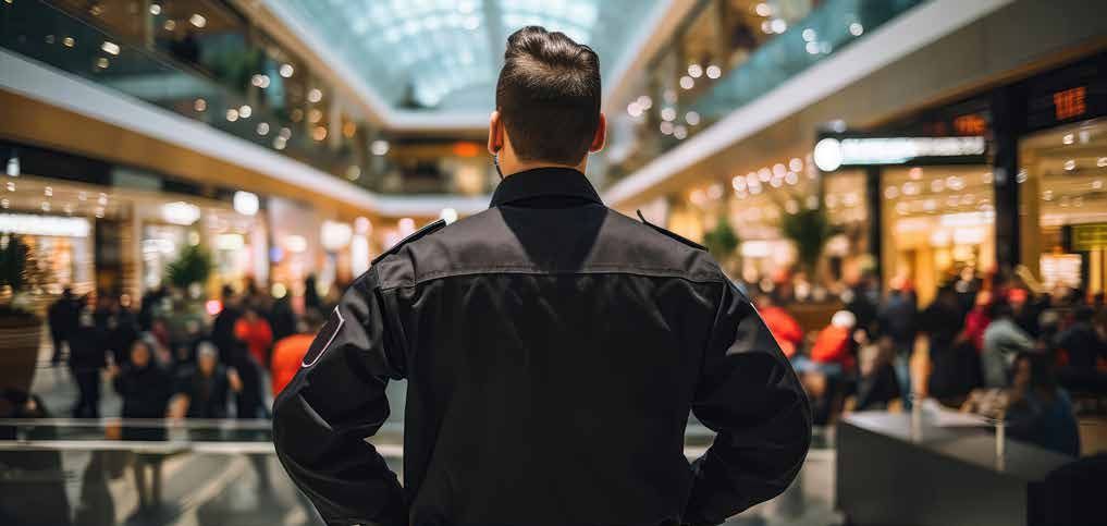 A security guard is standing in a mall looking at a crowd of people.