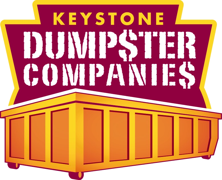 A logo for keystone dumpster companies with an orange dumpster