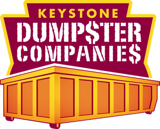 A logo for keystone dumpster companies with an orange dumpster A logo for keystone dumpster companies with an orange dumpster