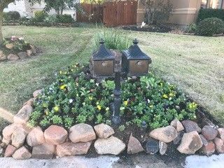Two dark mailboxes mounted on a pole, surrounded by a flower bed edged with large stones in a residential yard.