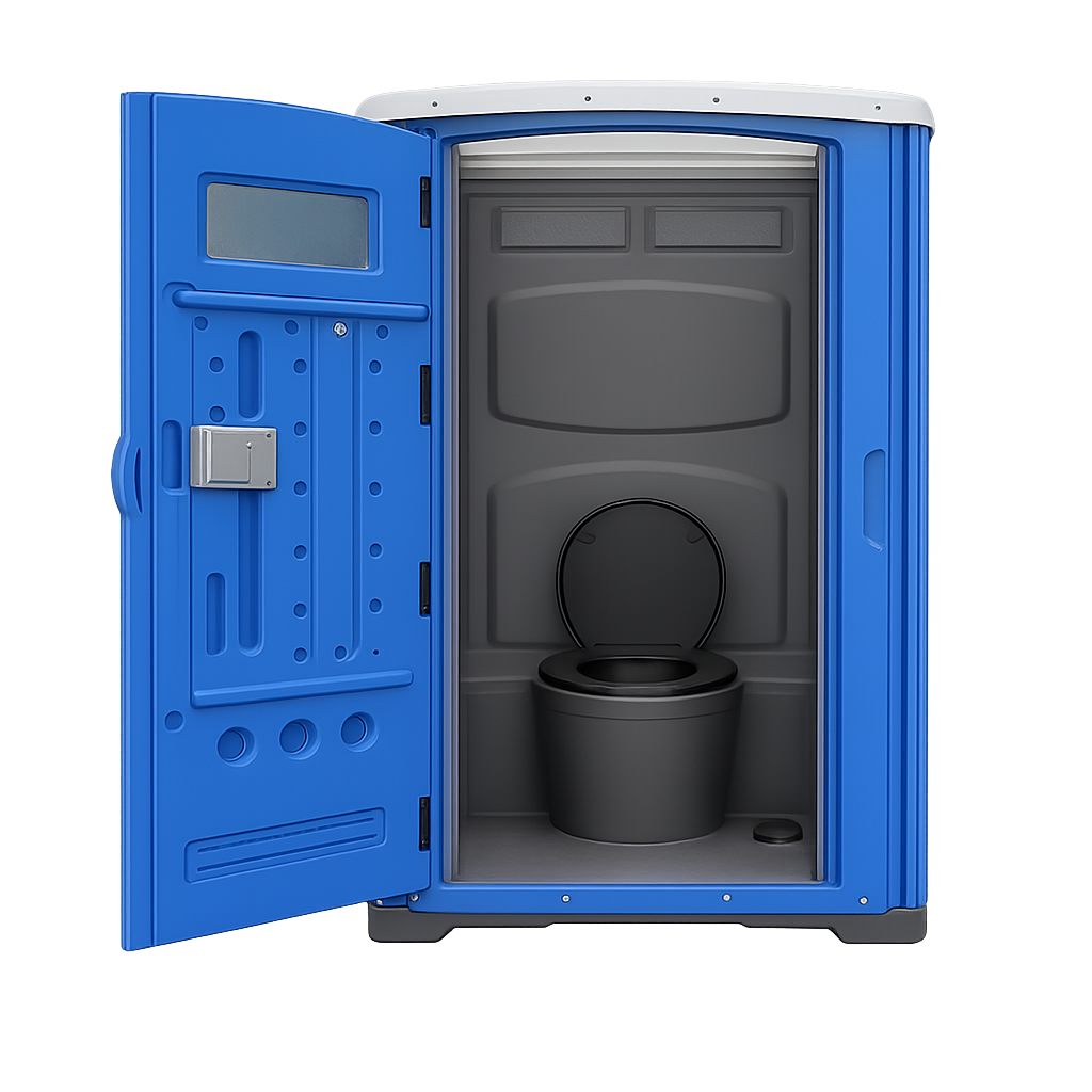 Inodoro portátil azul con la puerta abierta, que deja ver el asiento y el tanque del interior.