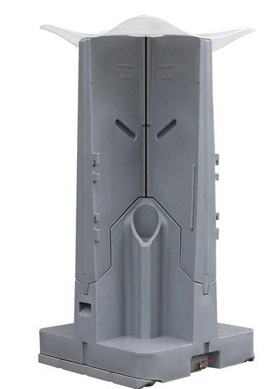 Contenedor industrial de plástico gris con una amplia abertura superior y una base robusta.