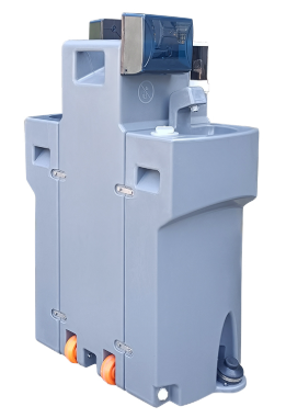 Dispositivo eléctrico industrial gris con interruptores naranjas y módulo superior azul sobre un fondo blanco.