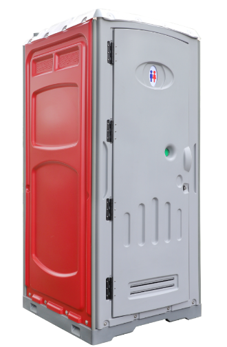 Unidad de baño portátil roja y gris con puerta cerrada y detalles de ventilación.