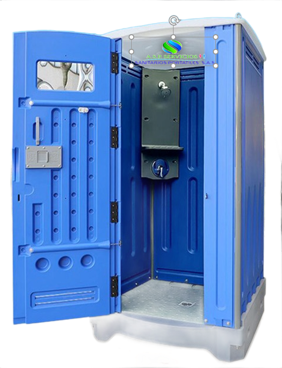 Inodoro portátil azul con la puerta abierta