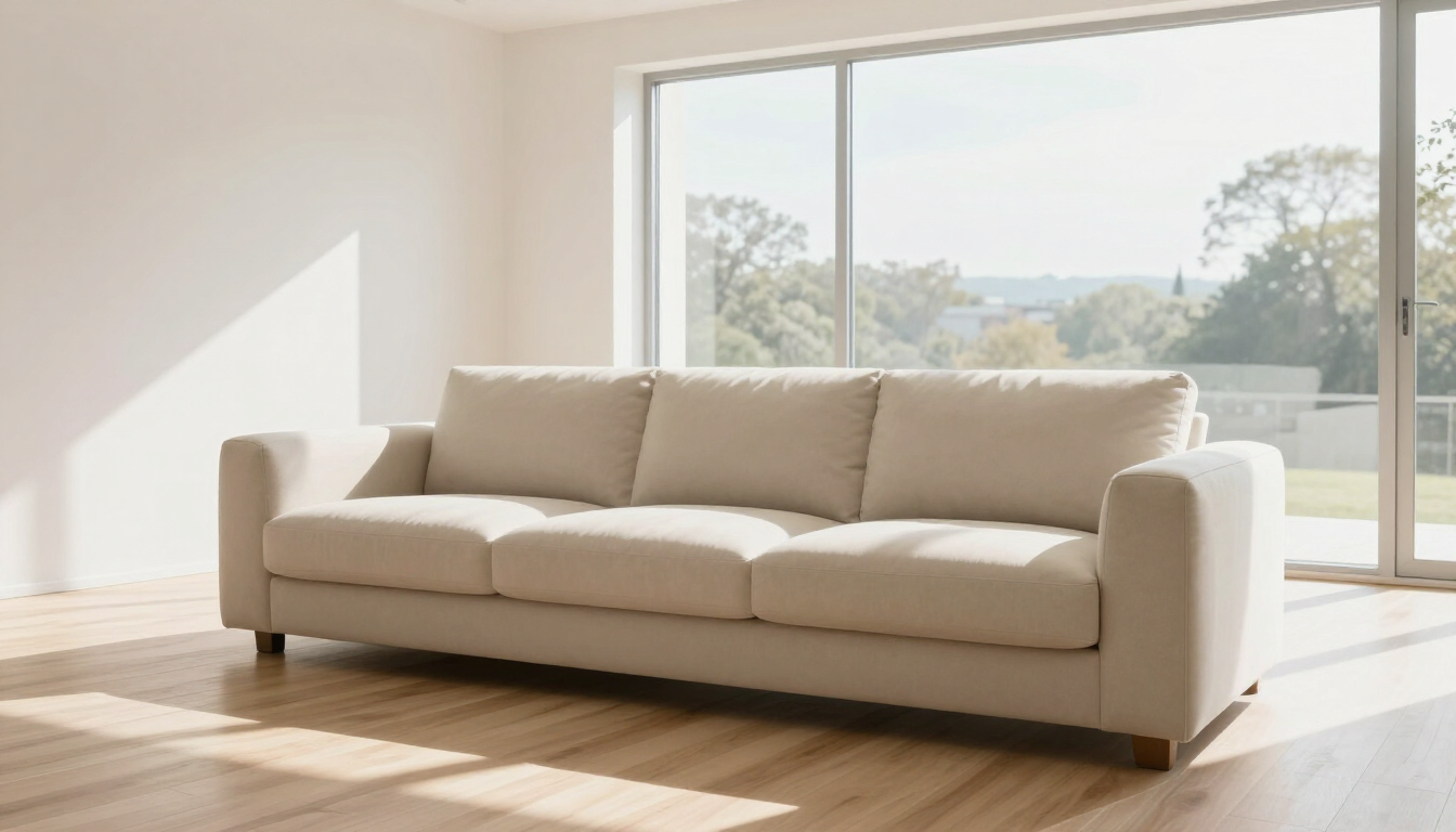 Salón moderno con sofá impecable tras limpieza profesional