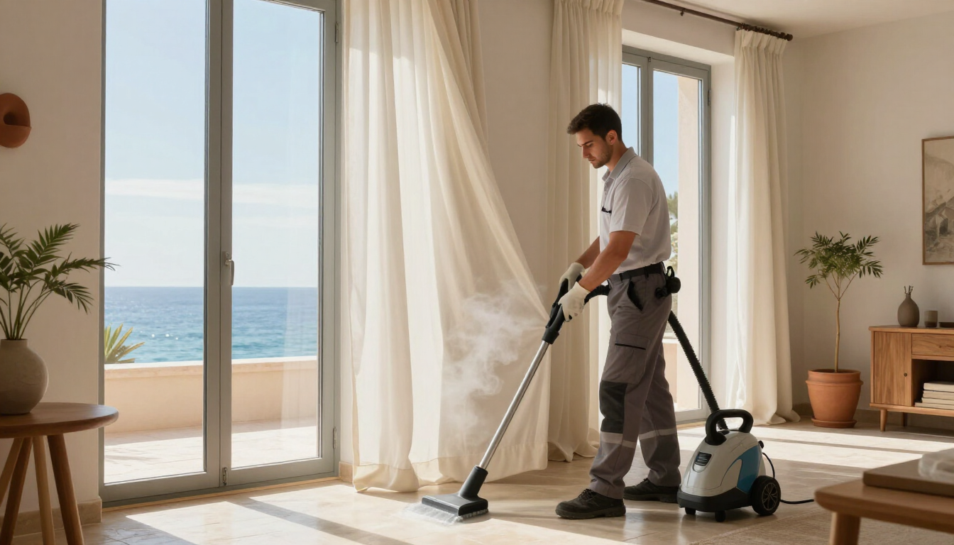 Limpieza profesional de cortinas con vapor en un salón mediterráneo