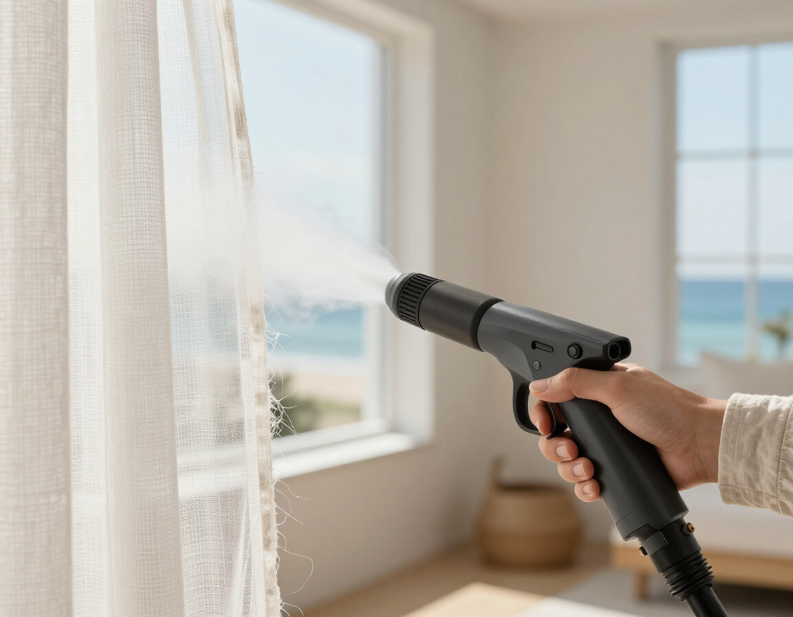 Detalle de tejido de cortina tratado con vapor para eliminar polvo y humedad