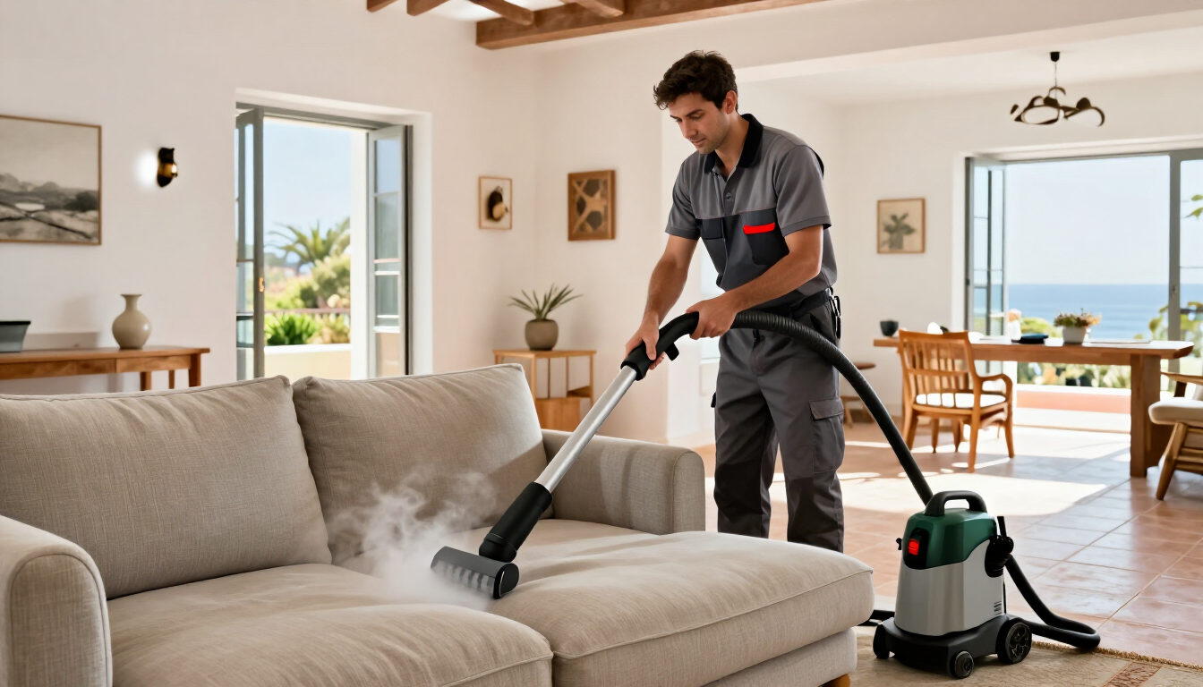 Limpieza profesional de un sofá con vapor para evitar manchas y daños