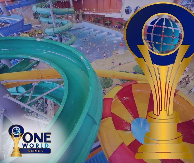 Water park with slides and award trophy in the foreground.