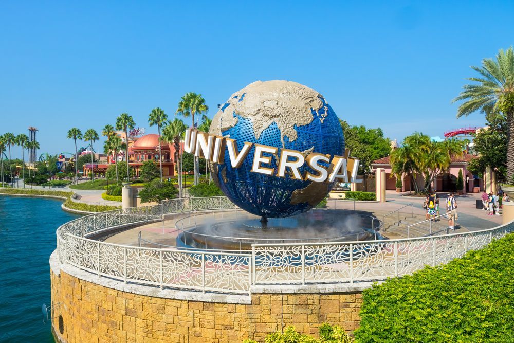 Universal globe landmark in front of a blue sky and water. Buildings and palm trees are in the background.