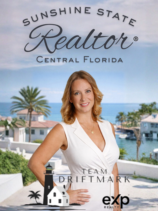 Jessica Ruh standing by a waterfront luxury home, Sunshine State Central Florida branding, eXp logo, Team Driftmark Logo