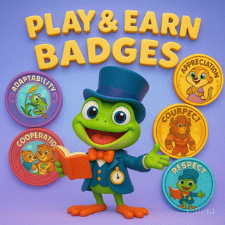 Green frog in a top hat, holding a book, with badges for adaptability, cooperation, respect, and other qualities.