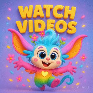 Colorful cartoon creature with open arms, inviting to watch videos. Text 