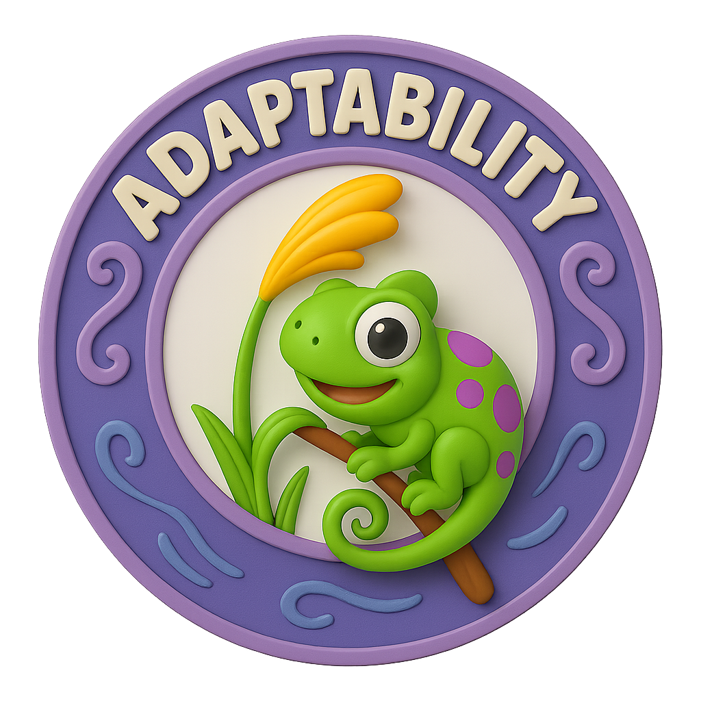 3D cartoon-style badge of a happy green chameleon with purple spots perched on a flower stem, with the word “Adaptability” above.