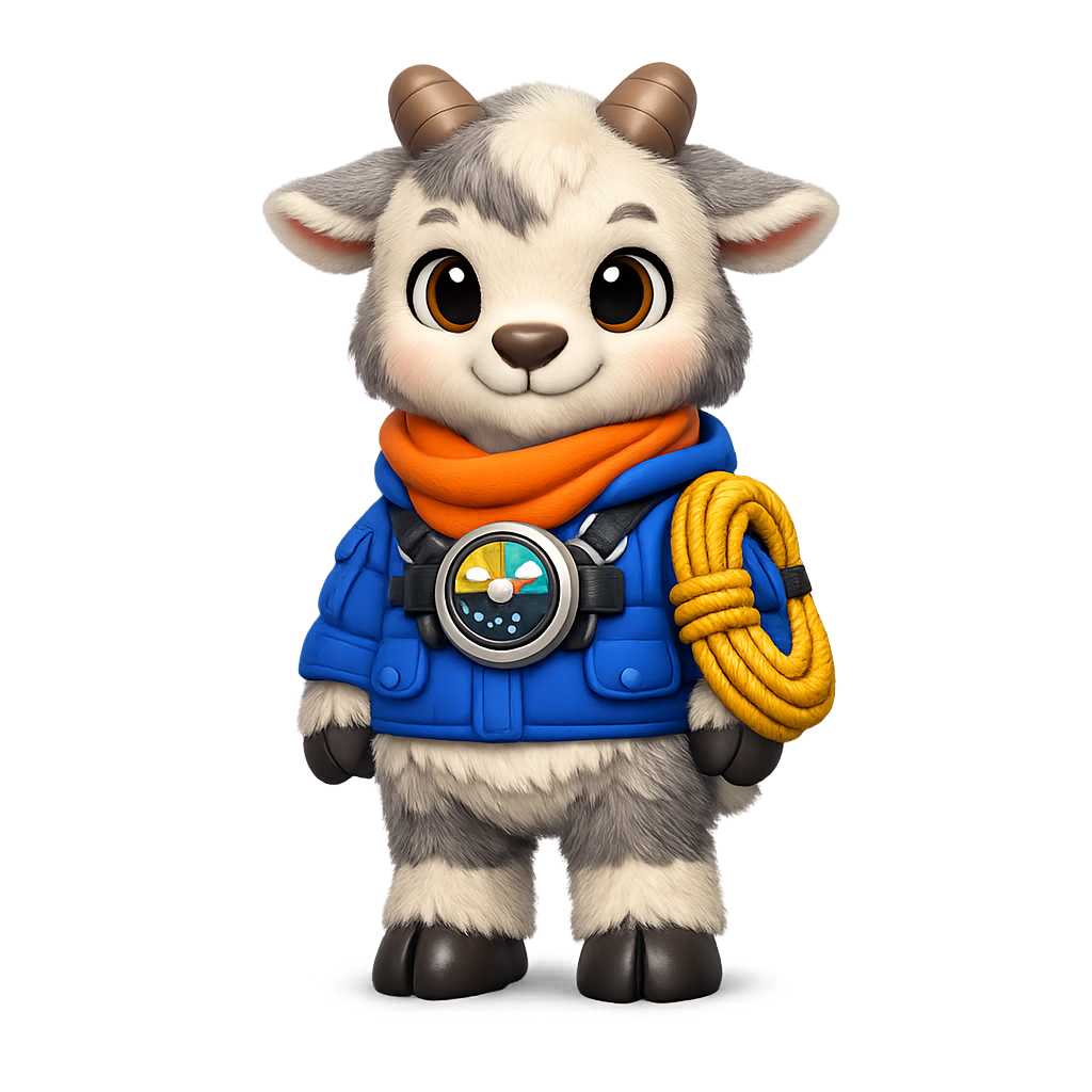 Cairn the cream and grey mountain goat wearing a blue rescue jacket and orange scarf