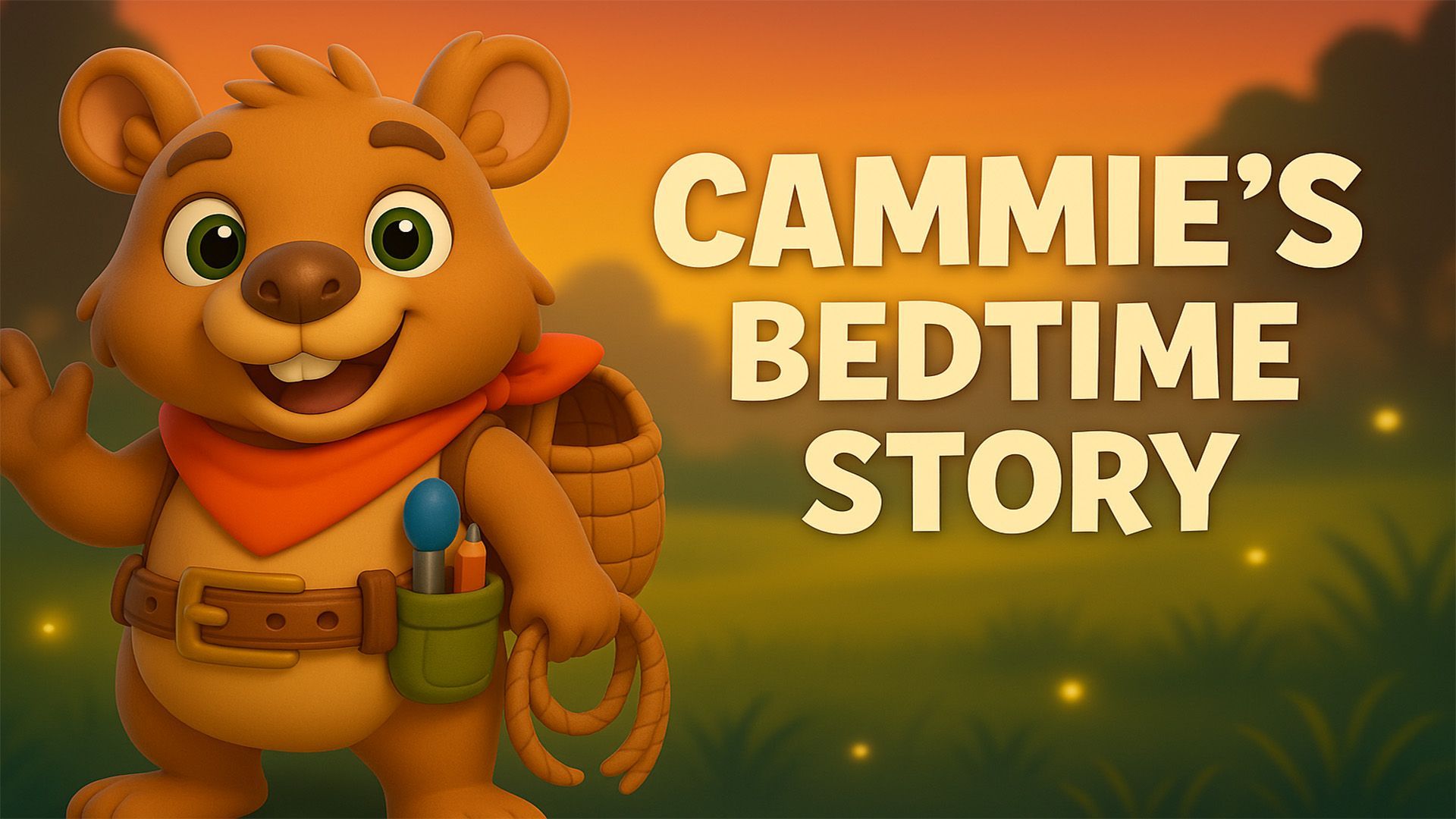 Illustrated thumbnail of Cammie the Capybara smiling gently, surrounded by friends under a starlit sky, with soft glowing fireflies and cozy bedtime tones.