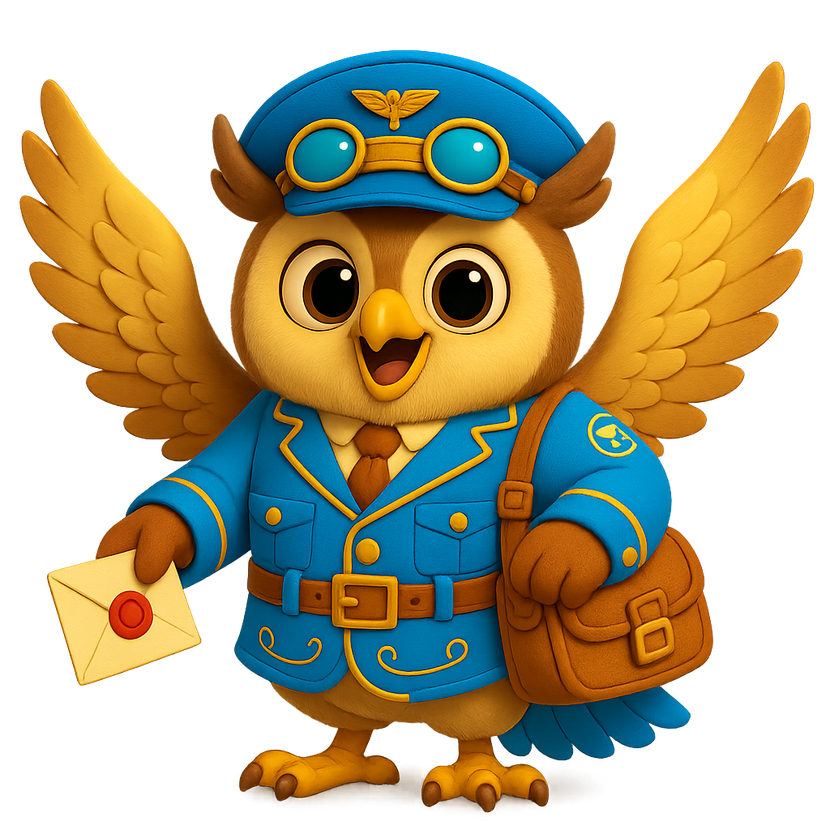 Major Flyer, the cheerful TinyTales owl mail courier, holding a letter