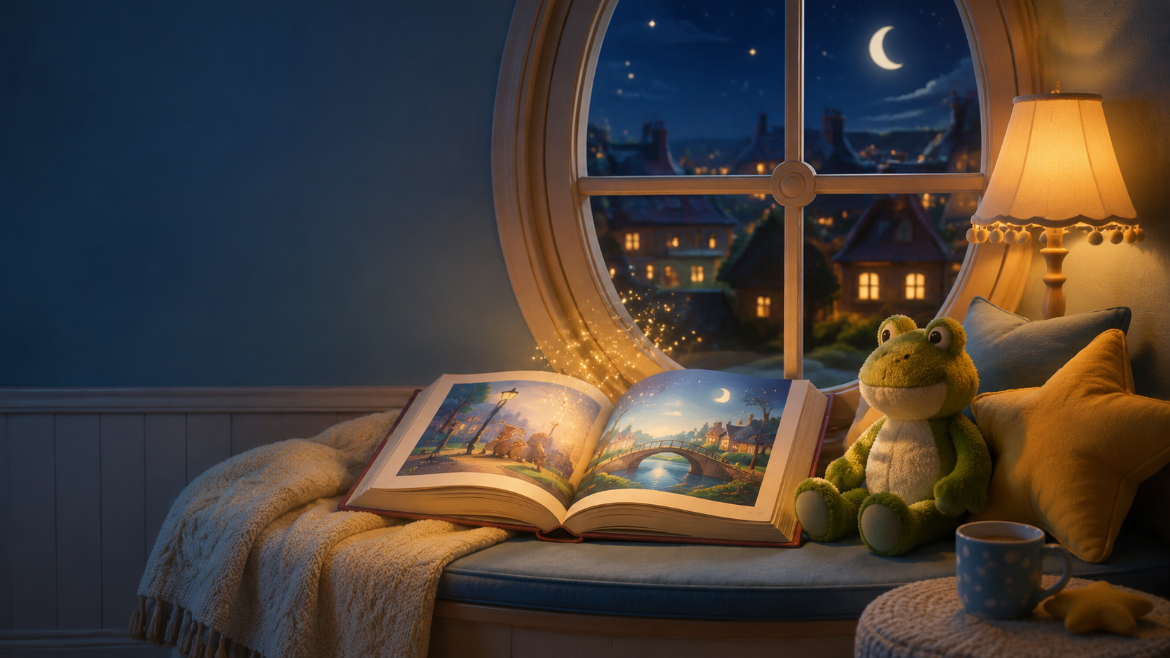 Junior the Frog sharing a gentle bedtime story under warm lantern light in TinyTales Land