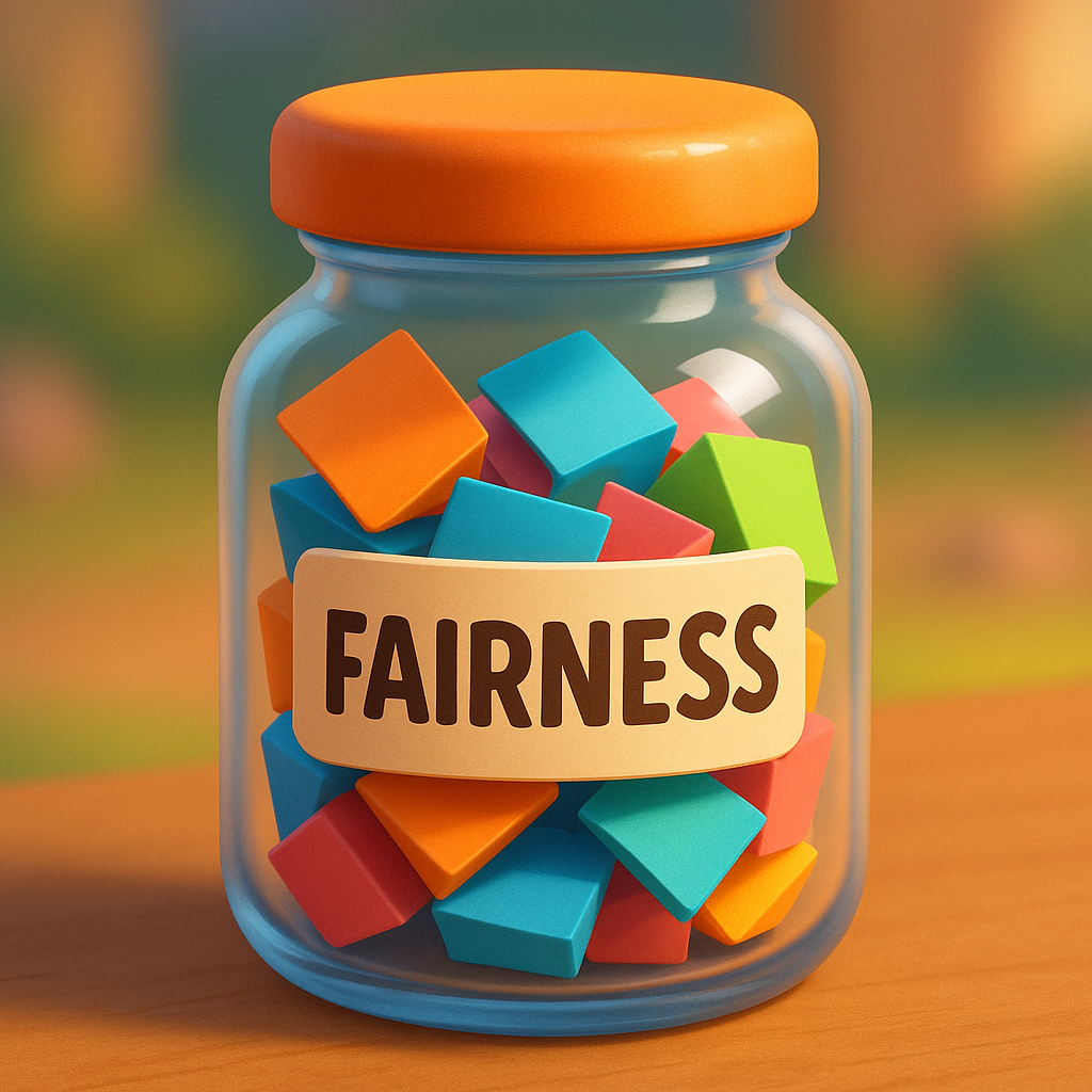 Fairness Jar Game for kids, a TinyTales Land character trait activity for ages 3 to 10.