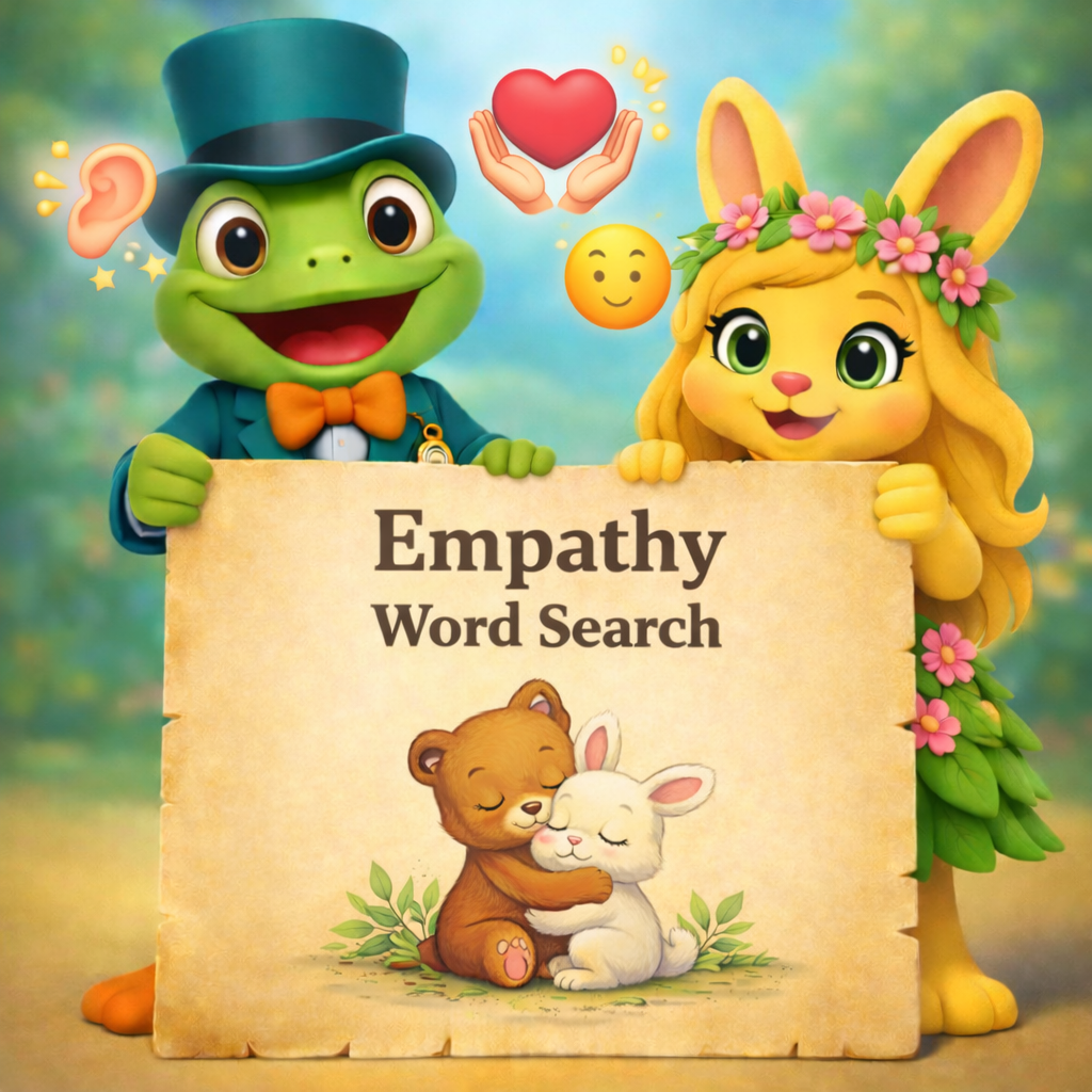 Junior and Leafy presenting an empathy word search activity for children ages 3 to 10