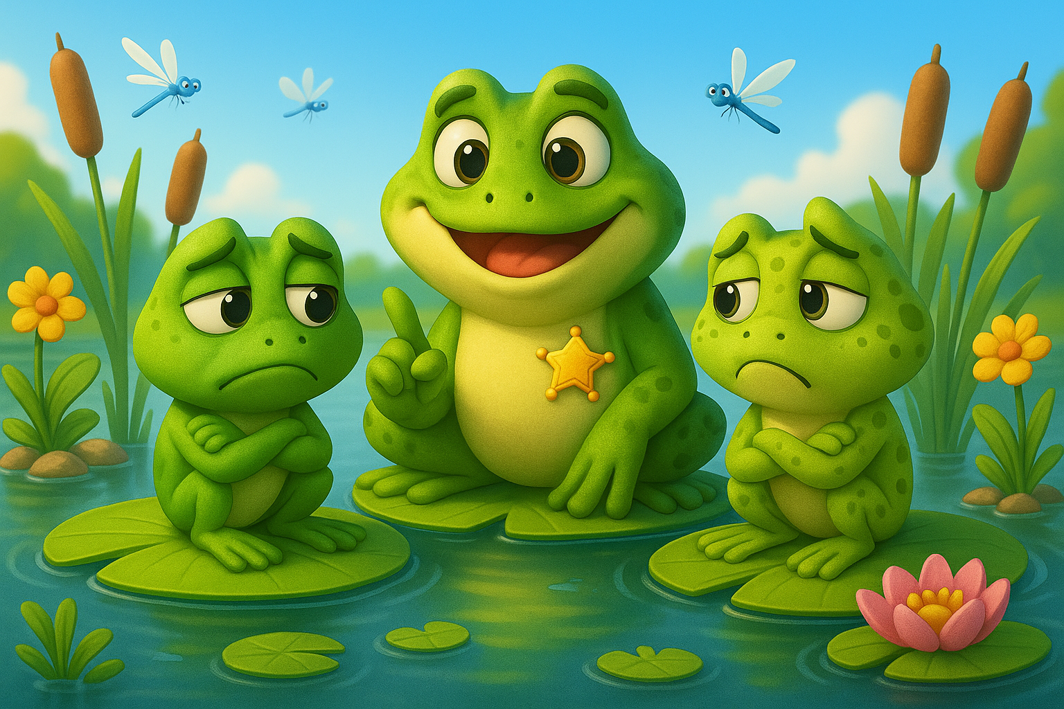 Illustration for Frog Friends Make Peace, a TinyTales Land story about fairness