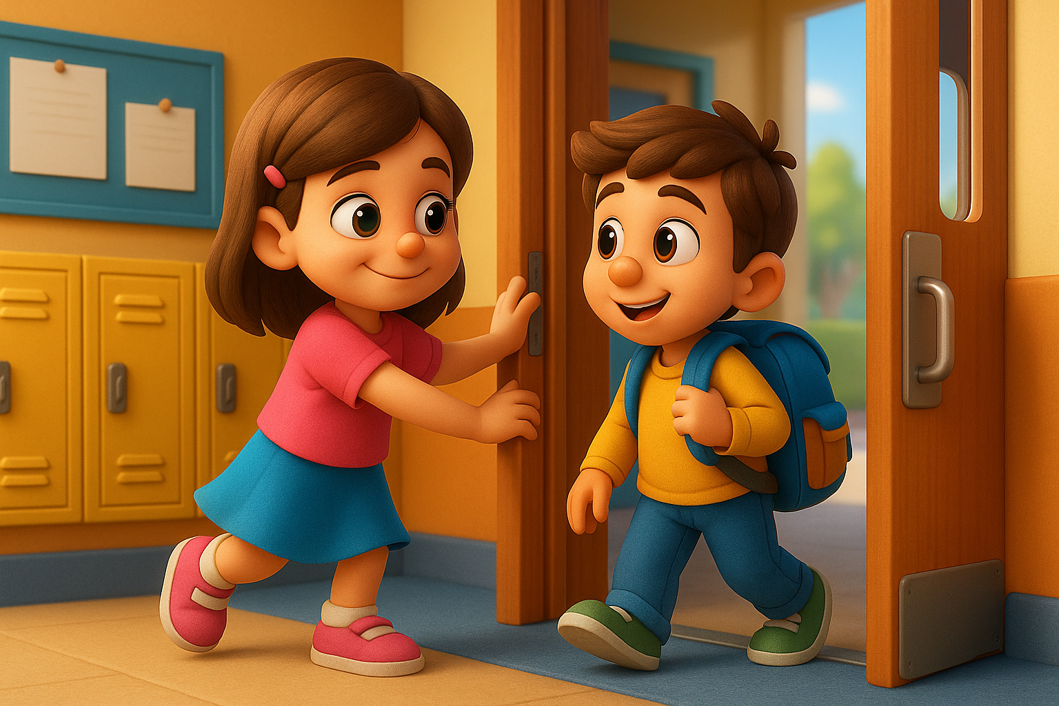 Illustration for Ella Holds the Door, a TinyTales Land story about kindness