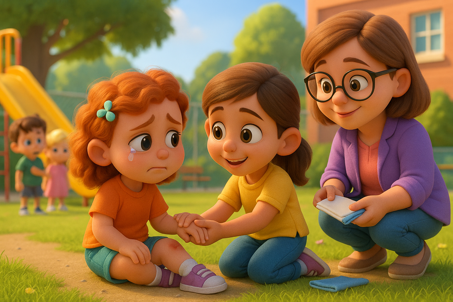 Illustration for Emma Comforts Zoe, a TinyTales Land story about empathy