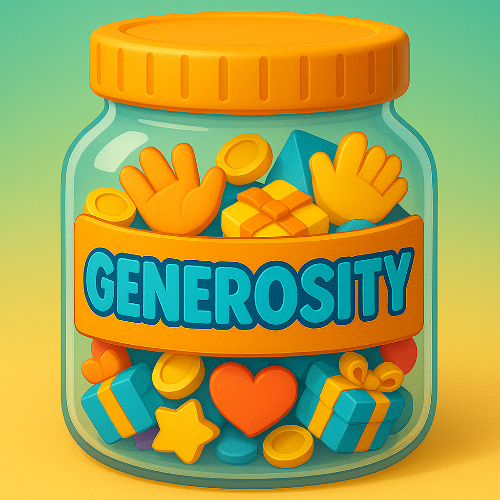 Generosity Jar Game for kids, a TinyTales Land character trait activity for ages 3 to 10.