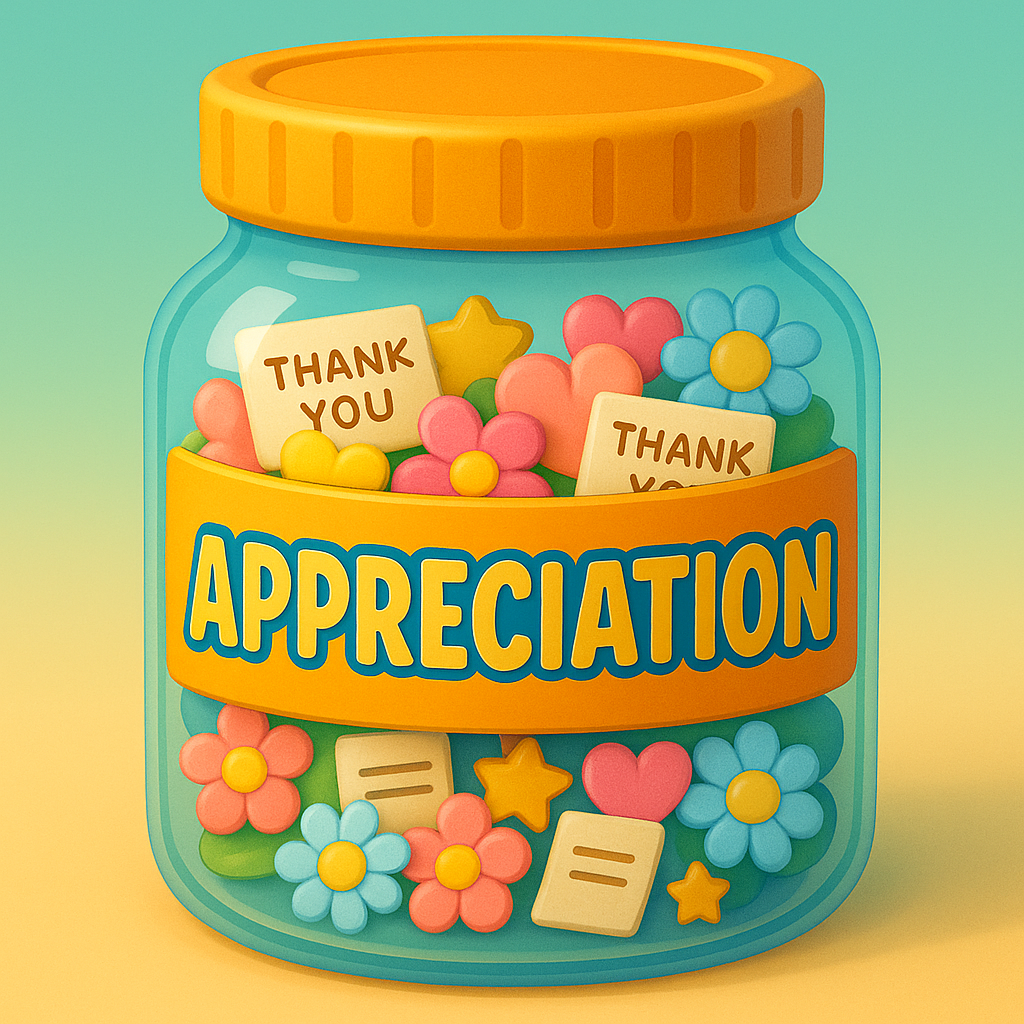 Appreciation Jar Game for kids, a TinyTales Land character trait activity for ages 3 to 10.