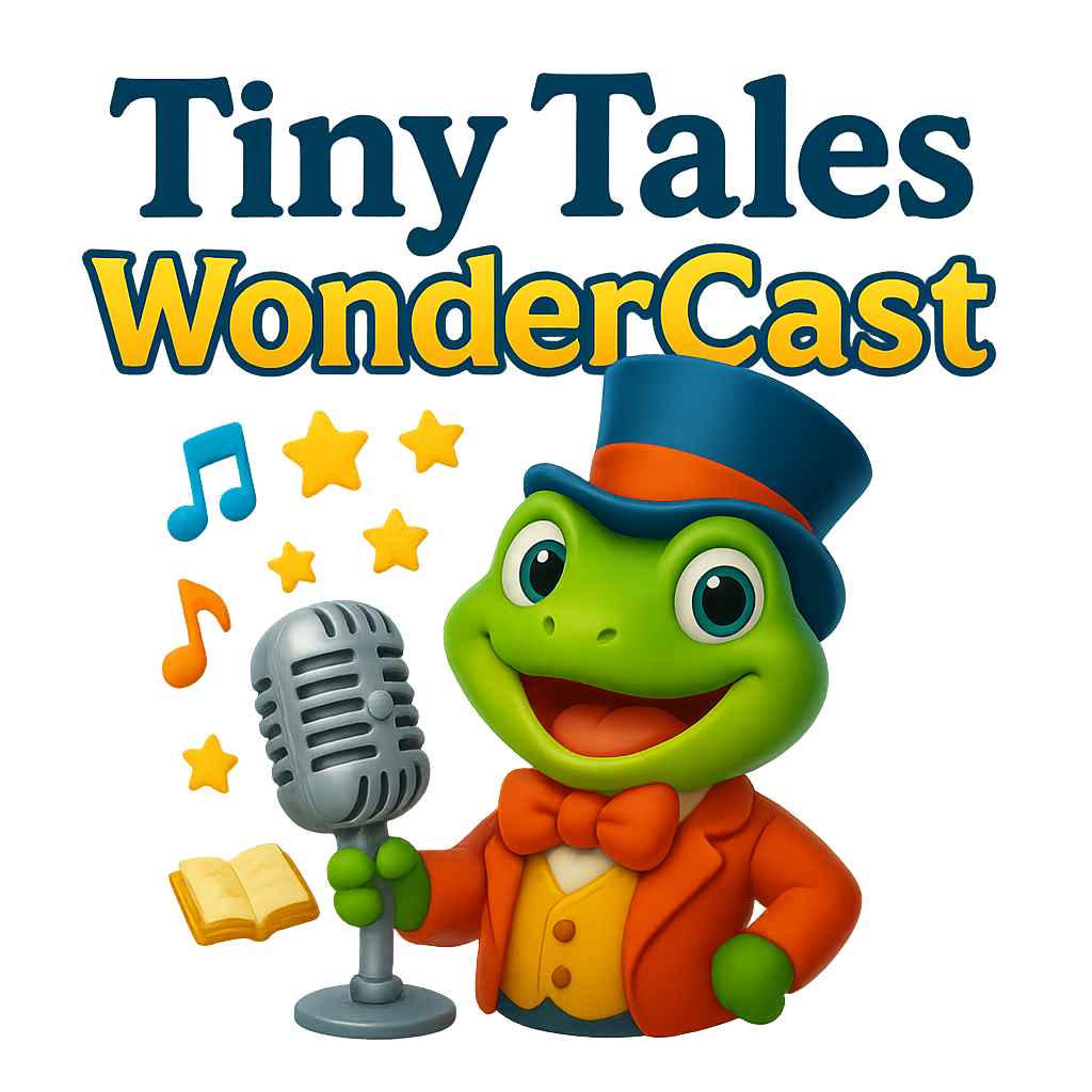 Tiny Tales WonderCast logo: smiling frog in top hat, holding a mic, surrounded by stars and musical notes.