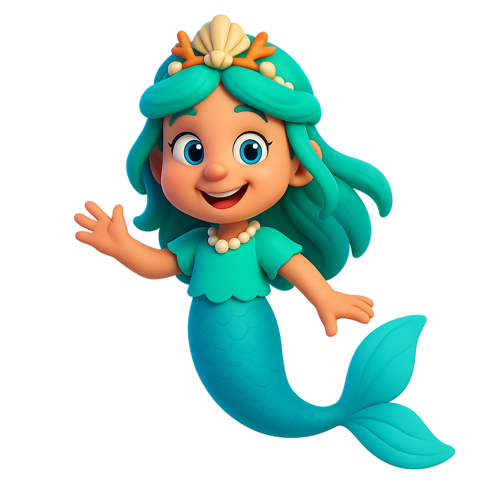 Illustration of Princess Nerissa Shimmerdrop, a young mermaid with aqua fins, seashell crown, and a bright, curious expression.