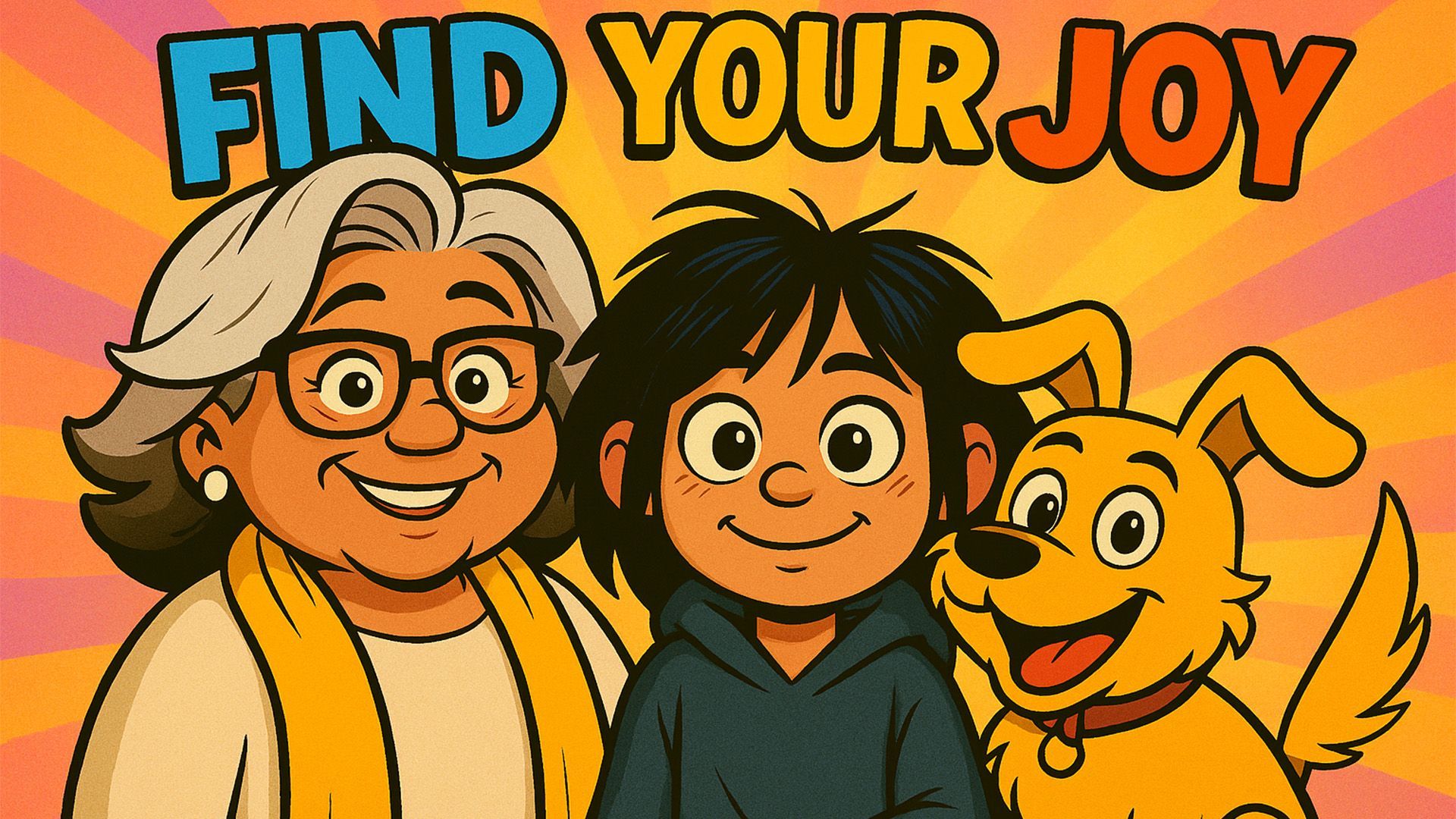 Smiling girl, grandma, and yellow dog in colorful scene, story about rediscovering joy for children.