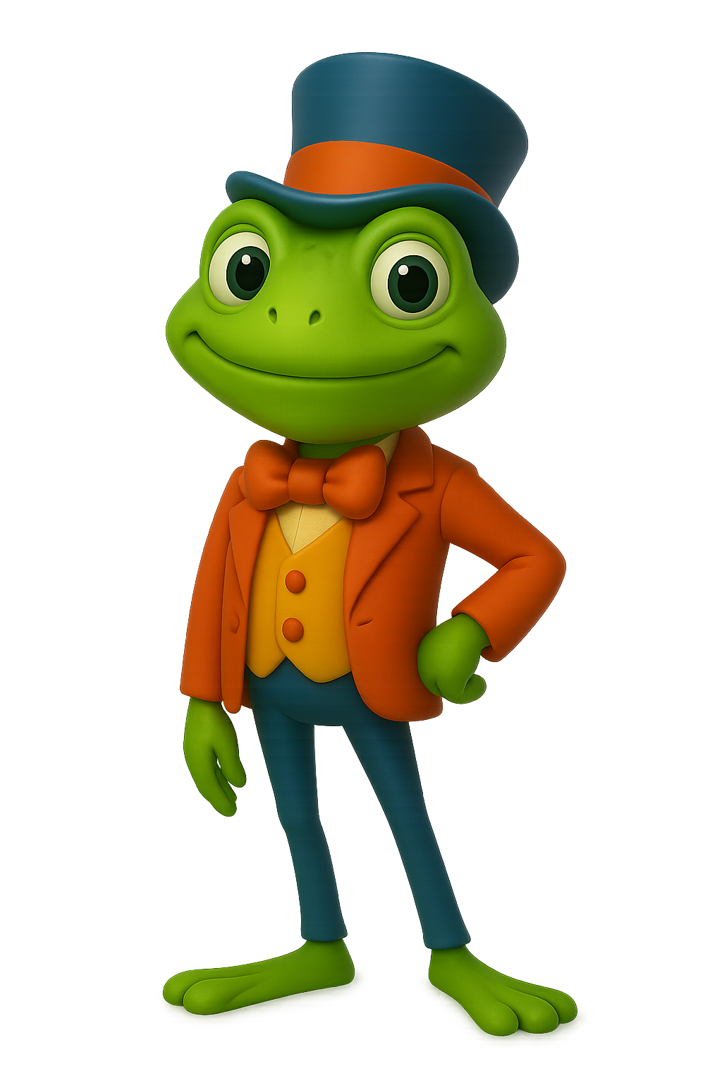Illustration of D.R., an older American frog in an orange suit and top hat, smiling beside a silver microphone, stars and music notes glowing around him.