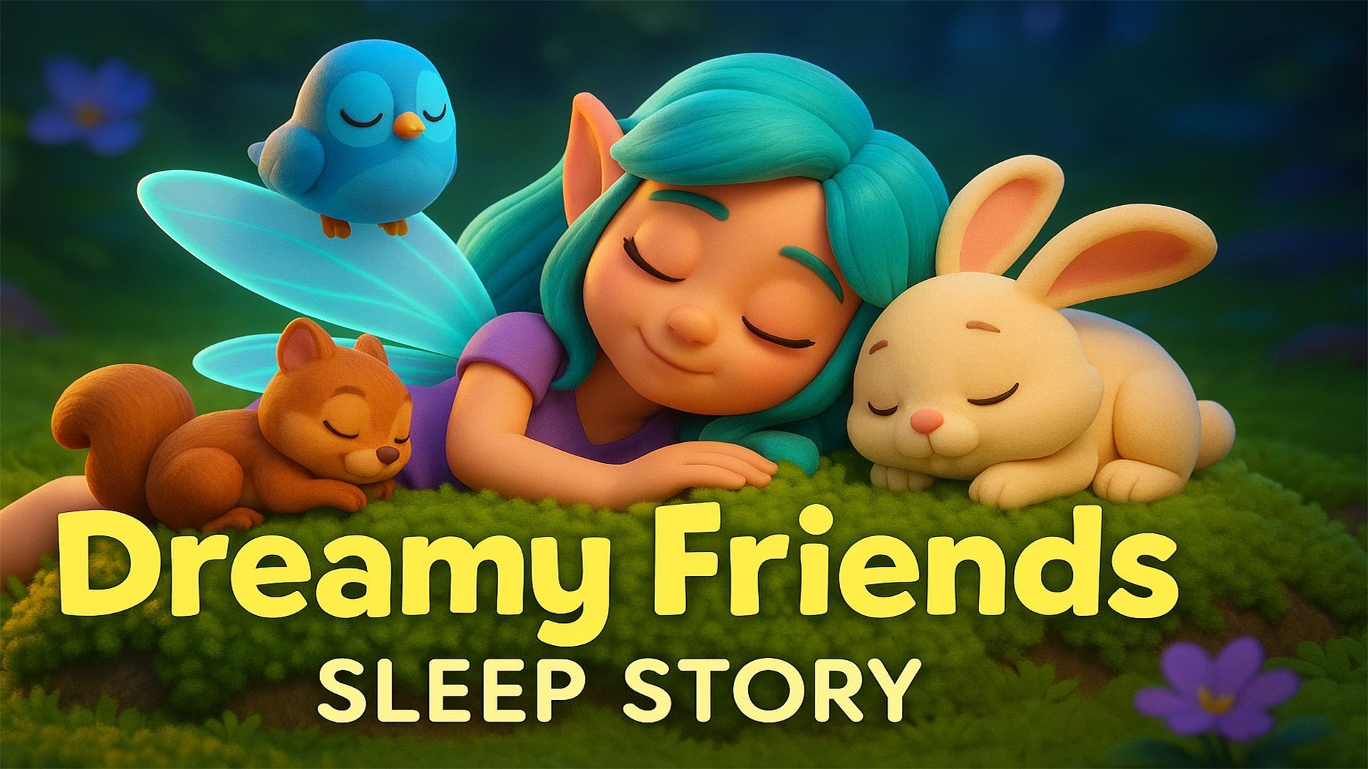 3D cartoon illustration of Lyria the sprite-fairy resting on soft moss, wings glowing faintly, surrounded by woodland creatures with text