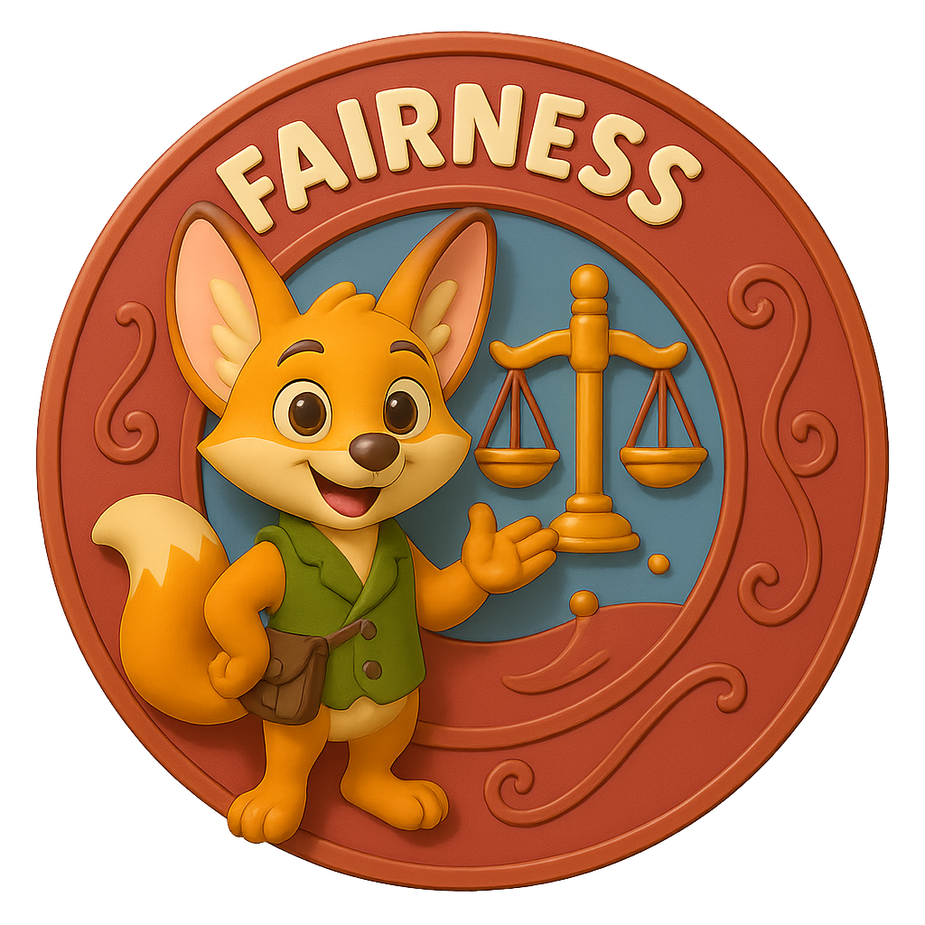 3D cartoon-style badge of a fox in a green vest pointing at golden scales of justice, with the word “Fairness” above.