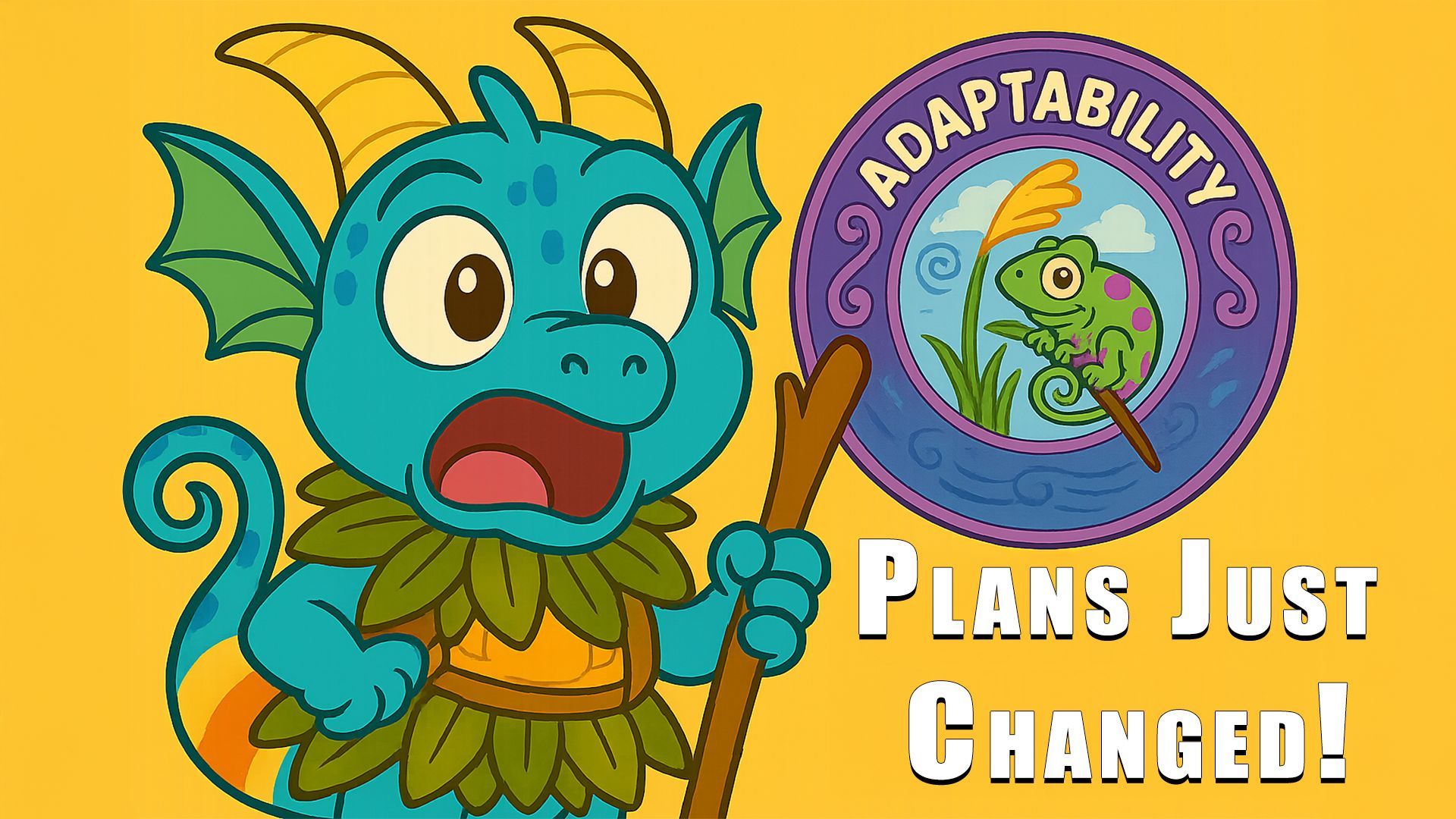 Cute dragon Flexi holds adaptability badge, showing kids the value of change and growth mindset.