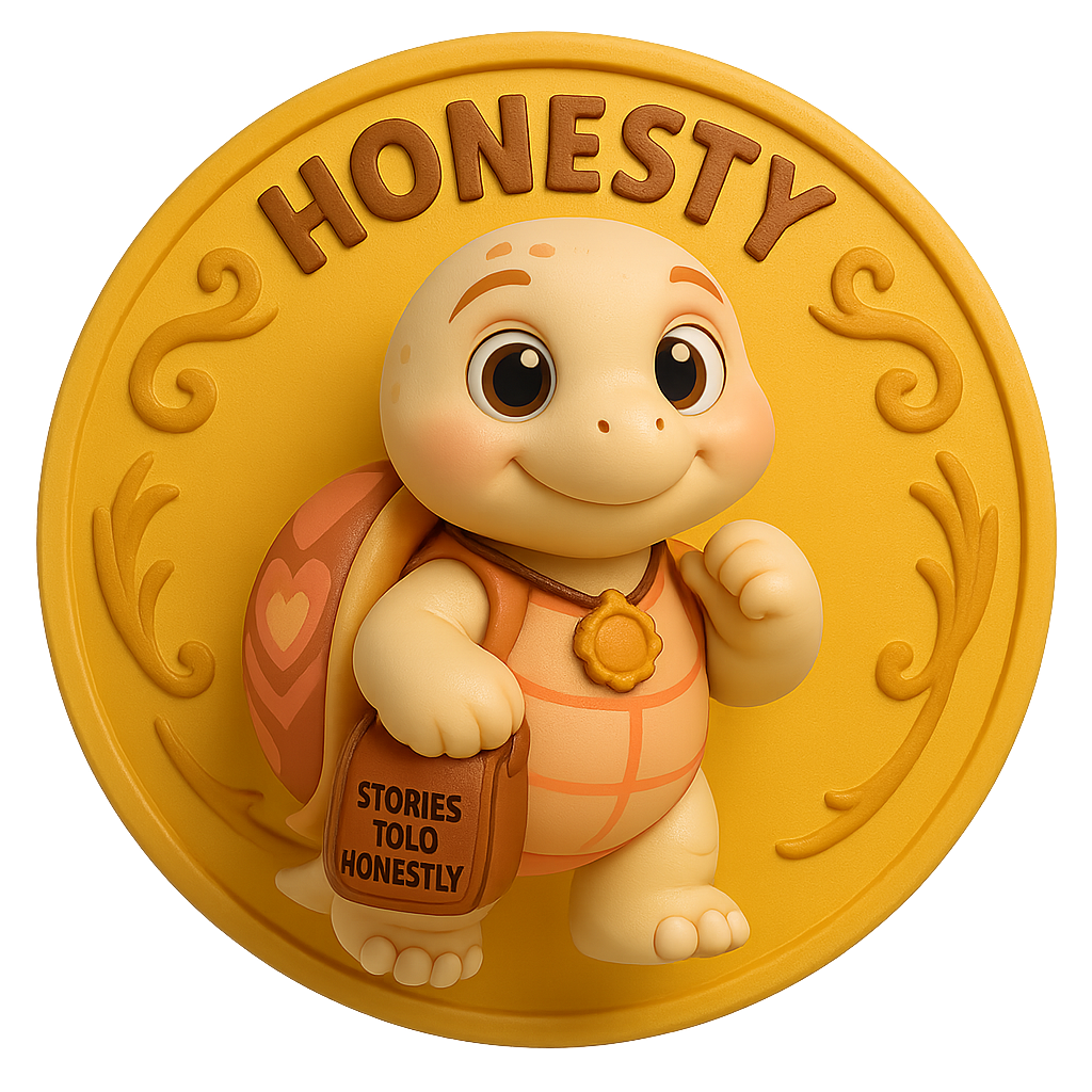 3D honesty badge with a smiling turtle holding a bag labeled “Stories Told Honestly.”